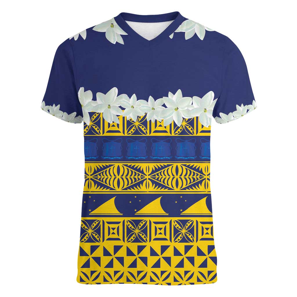 Tokelau Language Week Women V-Neck T-Shirt Tokelauan Tuluma With Gardenia Thunbergia LT14 Female Blue - Polynesian Pride