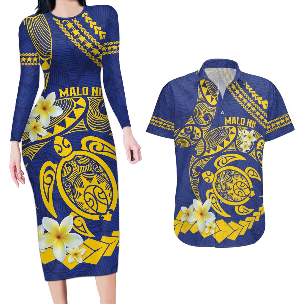 Te Vaiaho o te Gagana Tokelau Couples Matching Long Sleeve Bodycon Dress and Hawaiian Shirt Polynesian Turtle - Malo Ni! LT14 Blue - Polynesian Pride