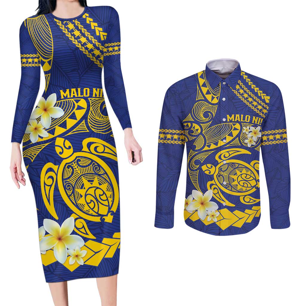 Te Vaiaho o te Gagana Tokelau Couples Matching Long Sleeve Bodycon Dress and Long Sleeve Button Shirt Polynesian Turtle - Malo Ni! LT14 Blue - Polynesian Pride