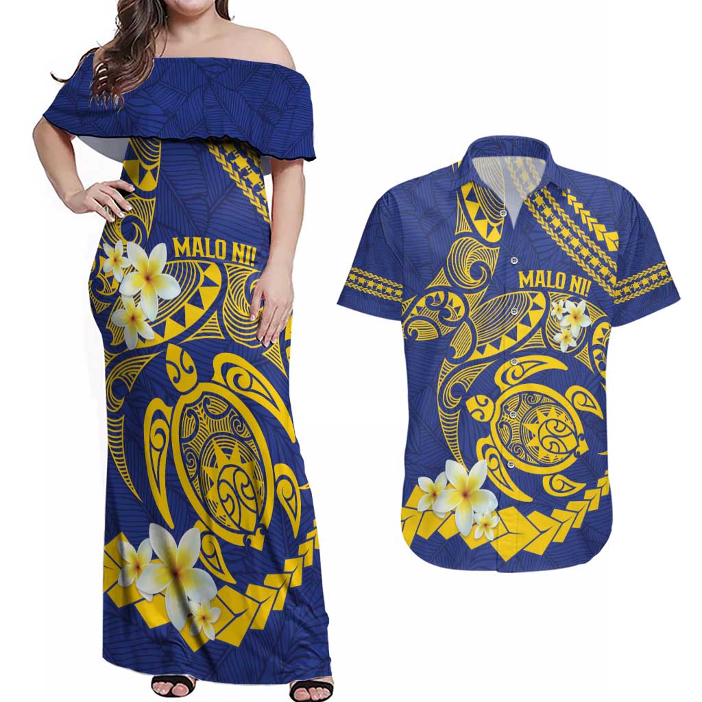 Te Vaiaho o te Gagana Tokelau Couples Matching Off Shoulder Maxi Dress and Hawaiian Shirt Polynesian Turtle - Malo Ni! LT14 Blue - Polynesian Pride