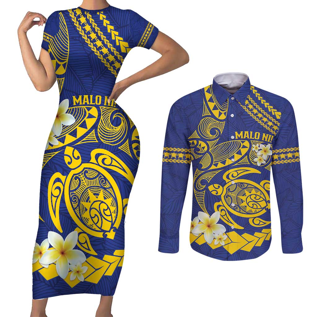 Te Vaiaho o te Gagana Tokelau Couples Matching Short Sleeve Bodycon Dress and Long Sleeve Button Shirt Polynesian Turtle - Malo Ni! LT14 Blue - Polynesian Pride