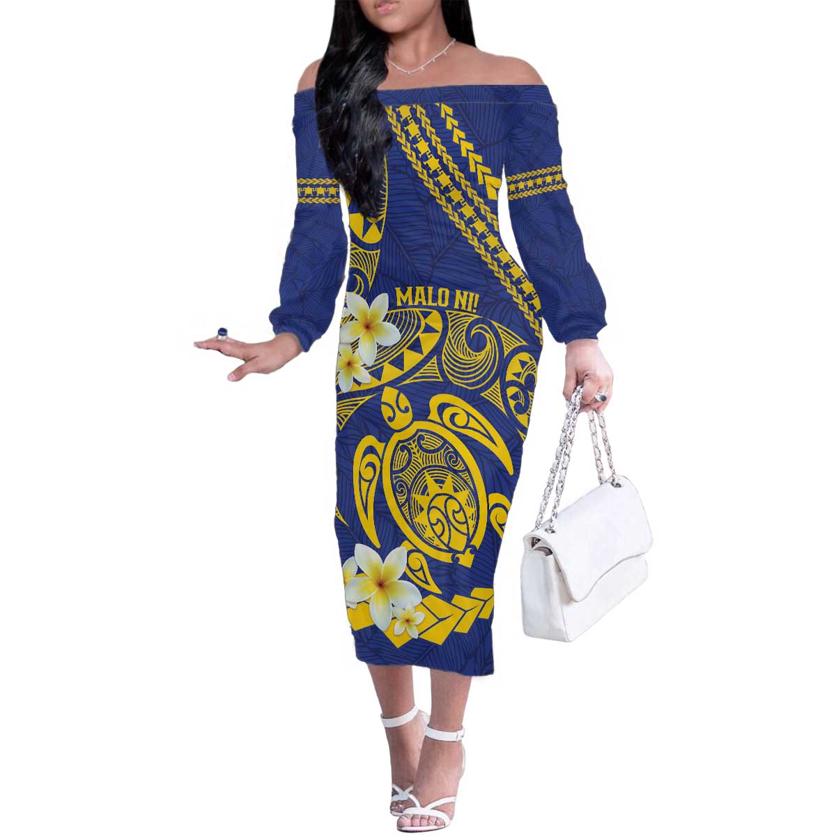 Te Vaiaho o te Gagana Tokelau Family Matching Off The Shoulder Long Sleeve Dress and Hawaiian Shirt Polynesian Turtle - Malo Ni! LT14 Mom's Dress Blue - Polynesian Pride