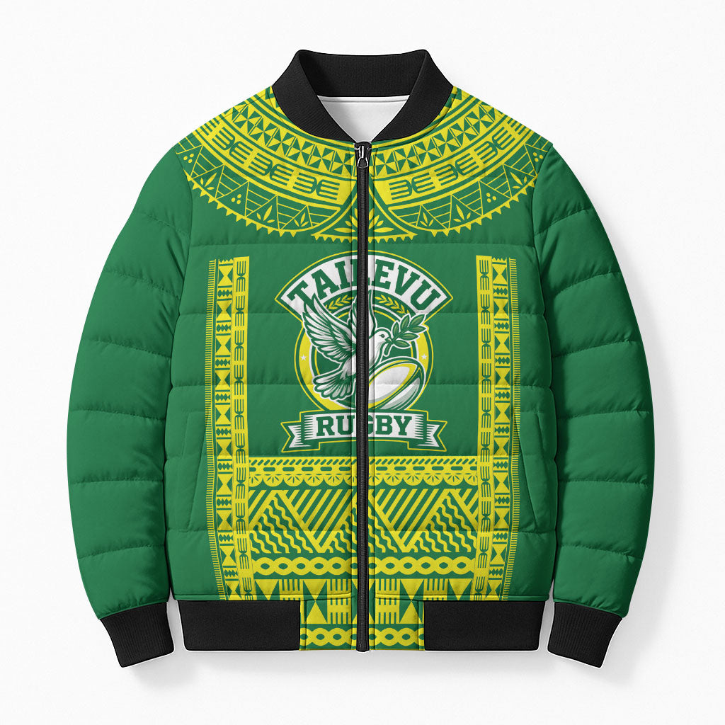 Fiji Tailevu Rugby Custom Bomber Puffer Jacket Go Champions Fijian Tapa Pattern LT14 Unisex Green - Polynesian Pride