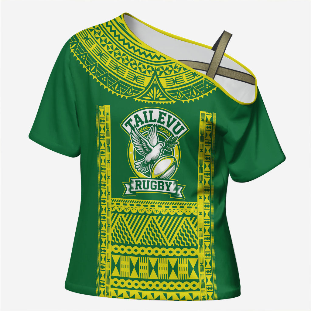 Fiji Tailevu Rugby Custom Cross Shoulder Shirt Go Champions Fijian Tapa Pattern LT14 Female Green - Polynesian Pride