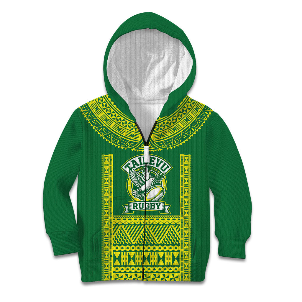 Fiji Tailevu Rugby Custom Kid Hoodie Go Champions Fijian Tapa Pattern LT14 Zip Hoodie Green - Polynesian Pride