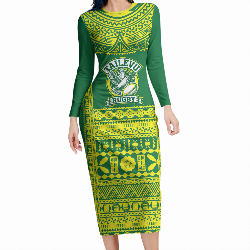 Fiji Tailevu Rugby Custom Long Sleeve Bodycon Dress Go Champions Fijian Tapa Pattern LT14 Long Dress Green - Polynesian Pride