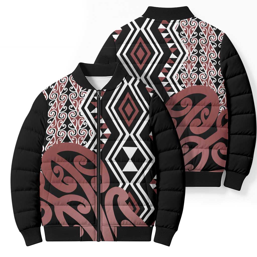 New Zealand Bomber Puffer Jacket Aotearoa Kowhaiwhai Mix Taniko Art - Polynesian Pride