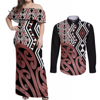 New Zealand Couples Matching Off Shoulder Maxi Dress and Long Sleeve Button Shirt Aotearoa Kowhaiwhai Mix Taniko Art LT14 Brown - Polynesian Pride