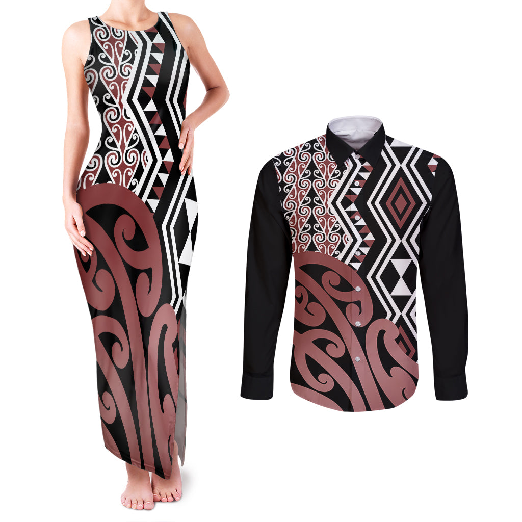 New Zealand Couples Matching Tank Maxi Dress and Long Sleeve Button Shirt Aotearoa Kowhaiwhai Mix Taniko Art LT14 Brown - Polynesian Pride