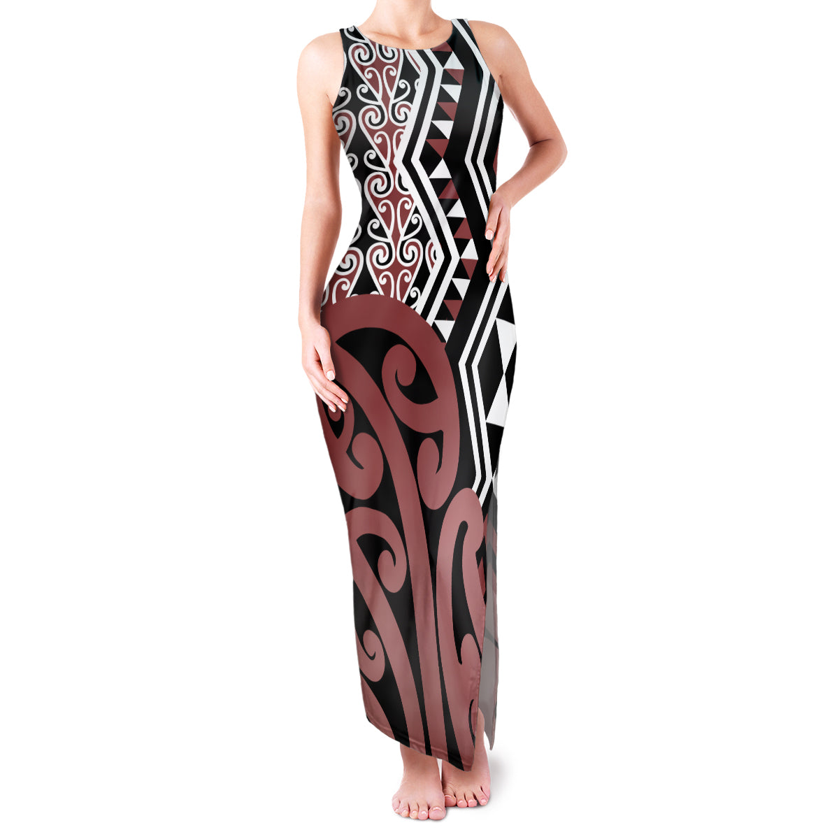 New Zealand Family Matching Tank Maxi Dress and Hawaiian Shirt Aotearoa Kowhaiwhai Mix Taniko Art LT14 Mom's Dress Brown - Polynesian Pride