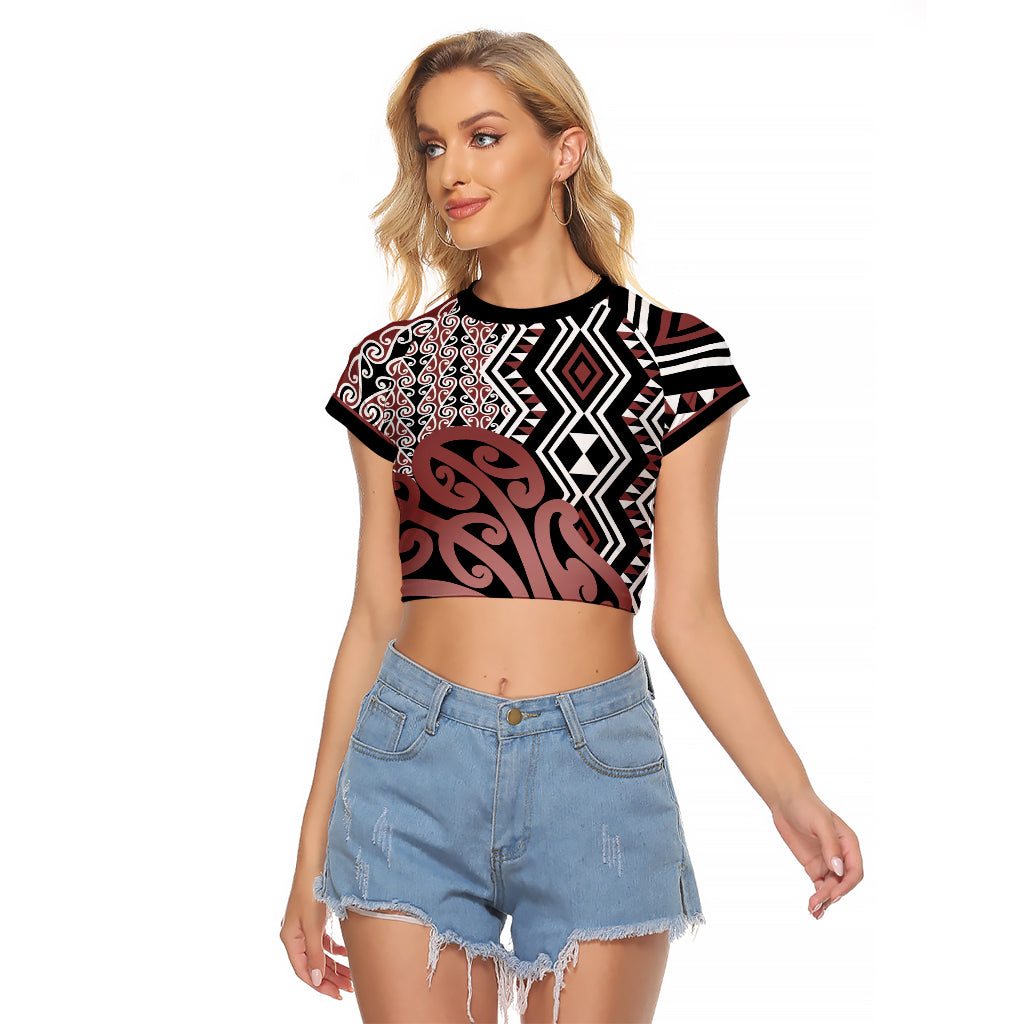 New Zealand Raglan Cropped T Shirt Aotearoa Kowhaiwhai Mix Taniko Art LT14 Female Brown - Polynesian Pride