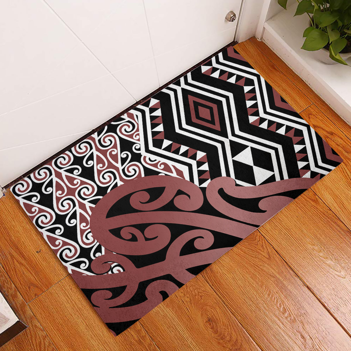 New Zealand Rubber Doormat Aotearoa Kowhaiwhai Mix Taniko Art LT14 Brown - Polynesian Pride