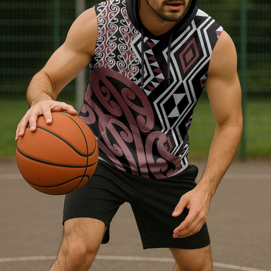 New Zealand Sleeveless Hoodie Aotearoa Kowhaiwhai Mix Taniko Art - Polynesian Pride