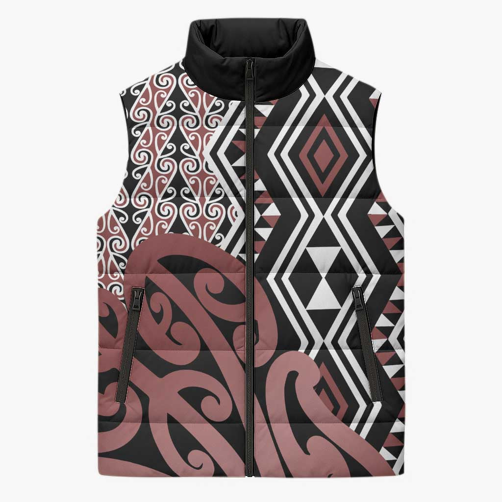New Zealand Sleeveless Puffer Jacket Aotearoa Kowhaiwhai Mix Taniko Art - Polynesian Pride