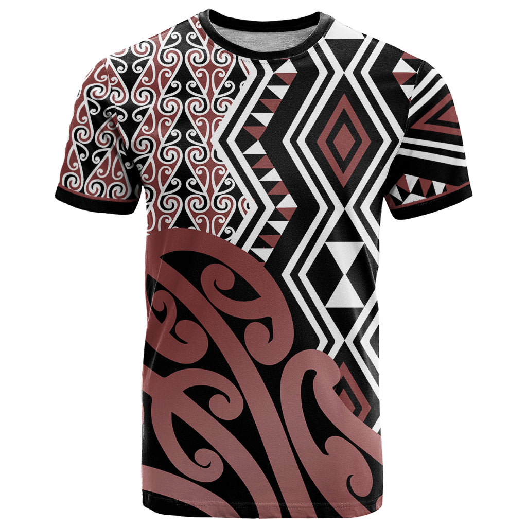 New Zealand T Shirt Aotearoa Kowhaiwhai Mix Taniko Art LT14 Brown - Polynesian Pride