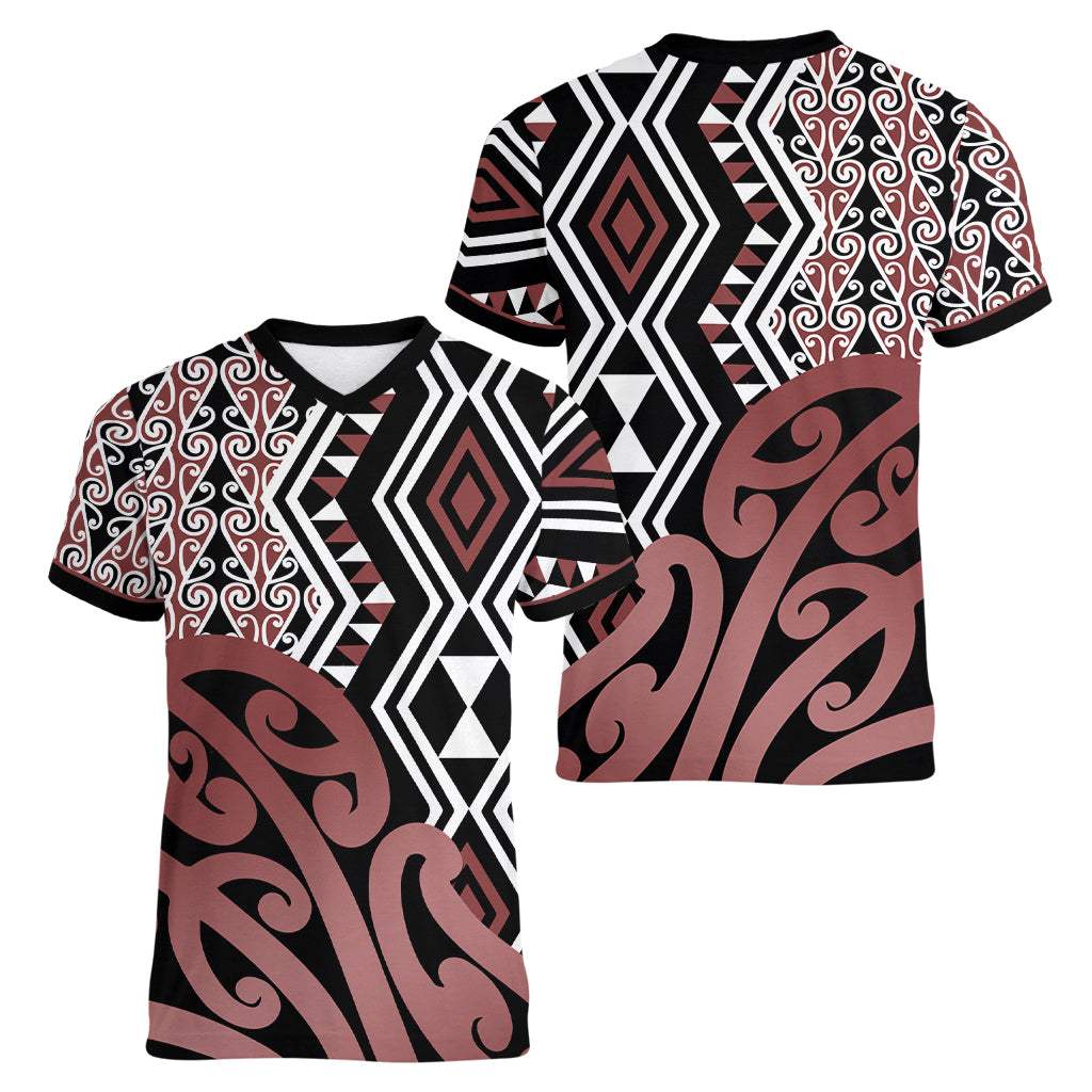 New Zealand Women V Neck T Shirt Aotearoa Kowhaiwhai Mix Taniko Art LT14 - Polynesian Pride