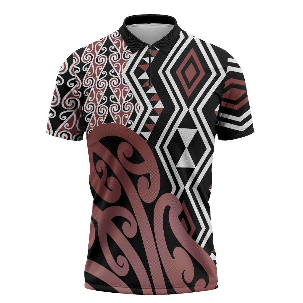 New Zealand Zipper Polo Shirt Aotearoa Kowhaiwhai Mix Taniko Art - Polynesian Pride
