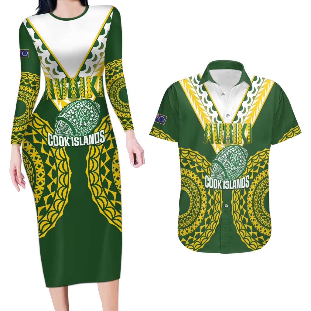 Custom Avaiki Cook Islands Rugby Couples Matching Long Sleeve Bodycon Dress and Hawaiian Shirt Kuki Airani Tatau Green LT14 Green - Polynesian Pride