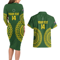 Custom Avaiki Cook Islands Rugby Couples Matching Long Sleeve Bodycon Dress and Hawaiian Shirt Kuki Airani Tatau Green LT14 - Polynesian Pride