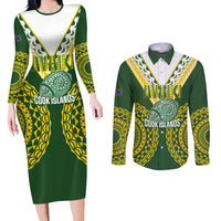 Custom Avaiki Cook Islands Rugby Couples Matching Long Sleeve Bodycon Dress and Long Sleeve Button Shirt Kuki Airani Tatau Green LT14 Green - Polynesian Pride