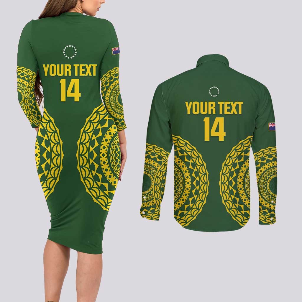 Custom Avaiki Cook Islands Rugby Couples Matching Long Sleeve Bodycon Dress and Long Sleeve Button Shirt Kuki Airani Tatau Green LT14 - Polynesian Pride