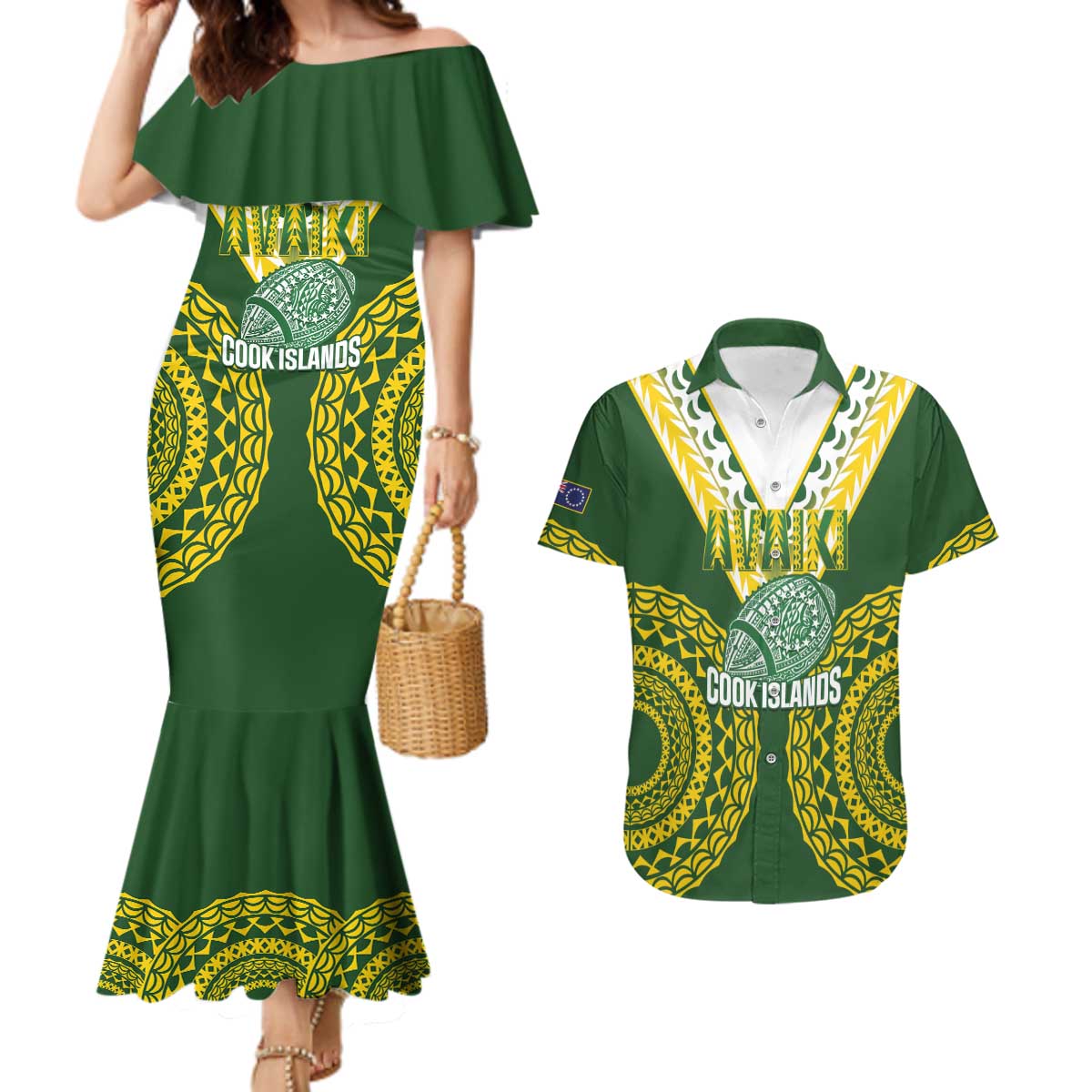 Custom Avaiki Cook Islands Rugby Couples Matching Mermaid Dress and Hawaiian Shirt Kuki Airani Tatau Green LT14 Green - Polynesian Pride