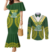 Custom Avaiki Cook Islands Rugby Couples Matching Mermaid Dress and Long Sleeve Button Shirt Kuki Airani Tatau Green LT14 Green - Polynesian Pride