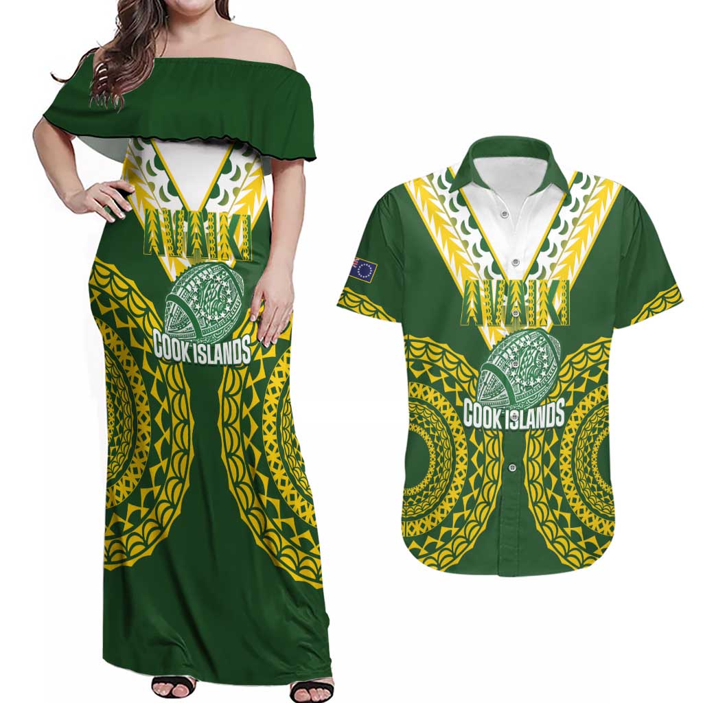 Custom Avaiki Cook Islands Rugby Couples Matching Off Shoulder Maxi Dress and Hawaiian Shirt Kuki Airani Tatau Green - Polynesian Pride