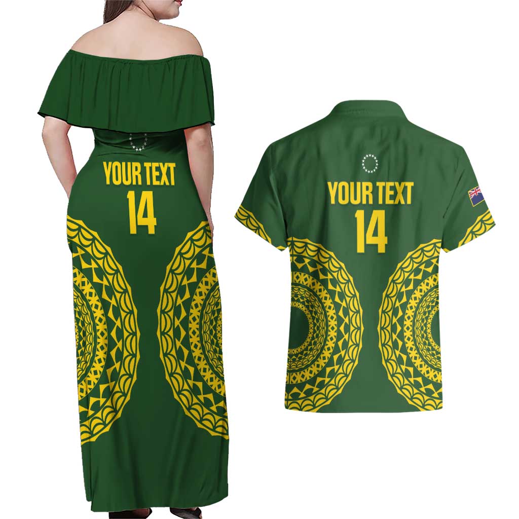 Custom Avaiki Cook Islands Rugby Couples Matching Off Shoulder Maxi Dress and Hawaiian Shirt Kuki Airani Tatau Green LT14 - Polynesian Pride