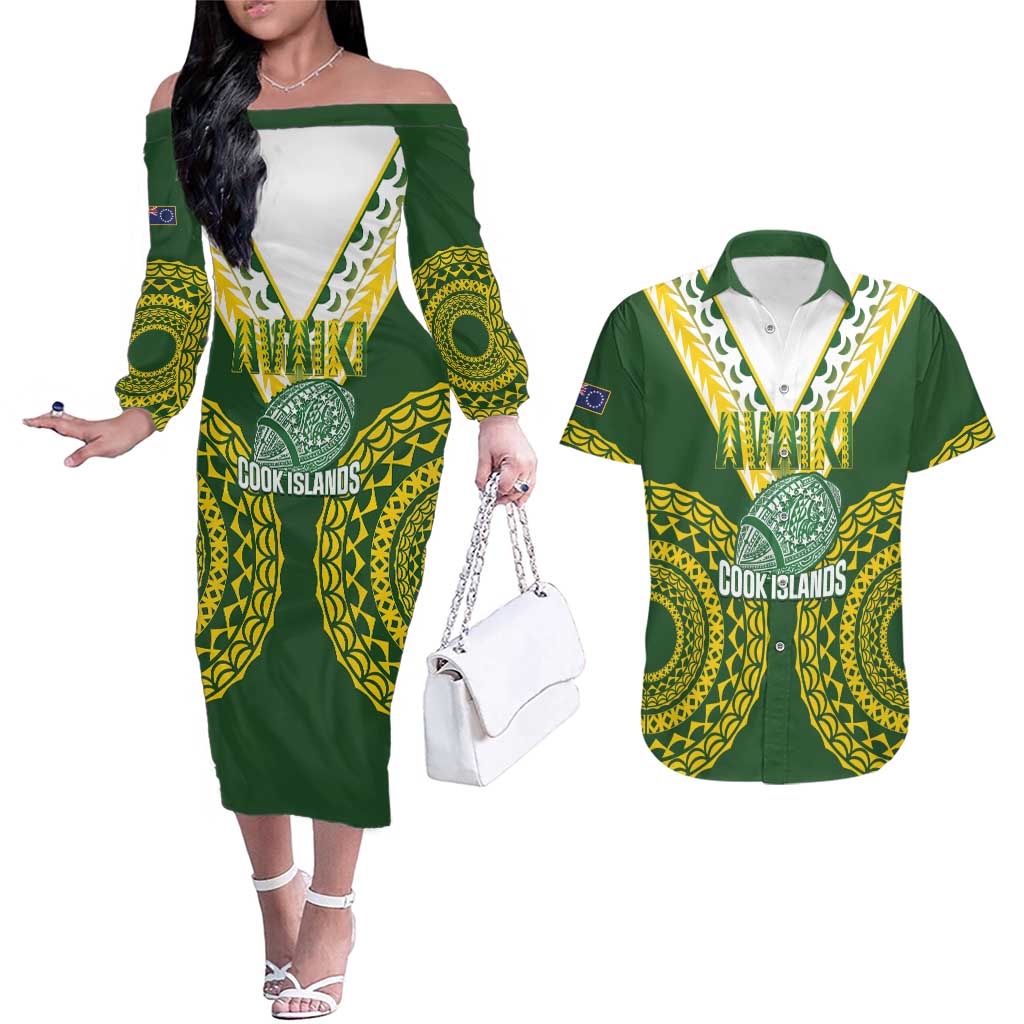 Custom Avaiki Cook Islands Rugby Couples Matching Off The Shoulder Long Sleeve Dress and Hawaiian Shirt Kuki Airani Tatau Green - Polynesian Pride