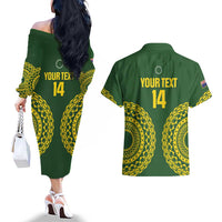 Custom Avaiki Cook Islands Rugby Couples Matching Off The Shoulder Long Sleeve Dress and Hawaiian Shirt Kuki Airani Tatau Green LT14 - Polynesian Pride