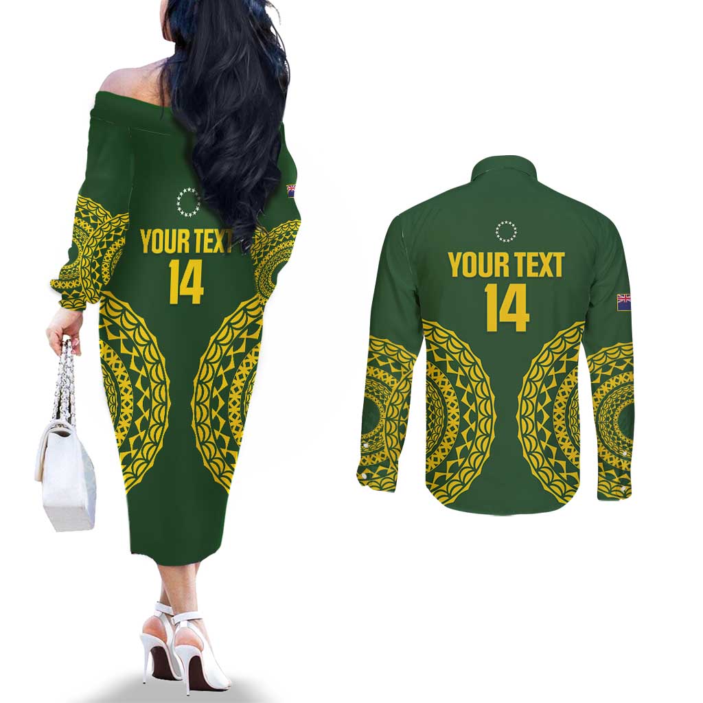 Custom Avaiki Cook Islands Rugby Couples Matching Off The Shoulder Long Sleeve Dress and Long Sleeve Button Shirt Kuki Airani Tatau Green LT14 - Polynesian Pride