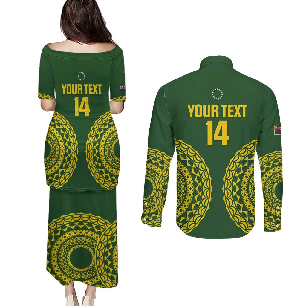 Custom Avaiki Cook Islands Rugby Couples Matching Puletasi and Long Sleeve Button Shirt Kuki Airani Tatau Green - Polynesian Pride
