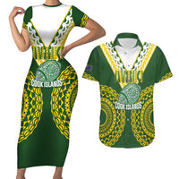 Custom Avaiki Cook Islands Rugby Couples Matching Short Sleeve Bodycon Dress and Hawaiian Shirt Kuki Airani Tatau Green LT14 Green - Polynesian Pride