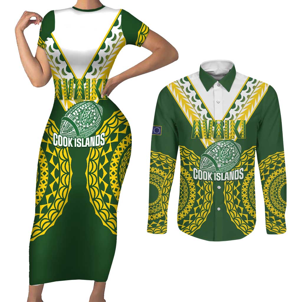 Custom Avaiki Cook Islands Rugby Couples Matching Short Sleeve Bodycon Dress and Long Sleeve Button Shirt Kuki Airani Tatau Green LT14 Green - Polynesian Pride
