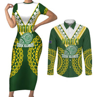 Custom Avaiki Cook Islands Rugby Couples Matching Short Sleeve Bodycon Dress and Long Sleeve Button Shirt Kuki Airani Tatau Green LT14 Green - Polynesian Pride
