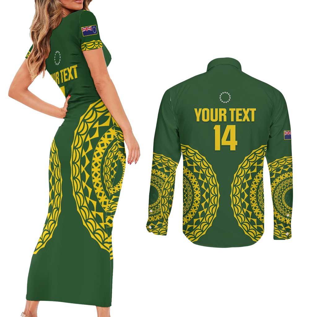 Custom Avaiki Cook Islands Rugby Couples Matching Short Sleeve Bodycon Dress and Long Sleeve Button Shirt Kuki Airani Tatau Green LT14 - Polynesian Pride