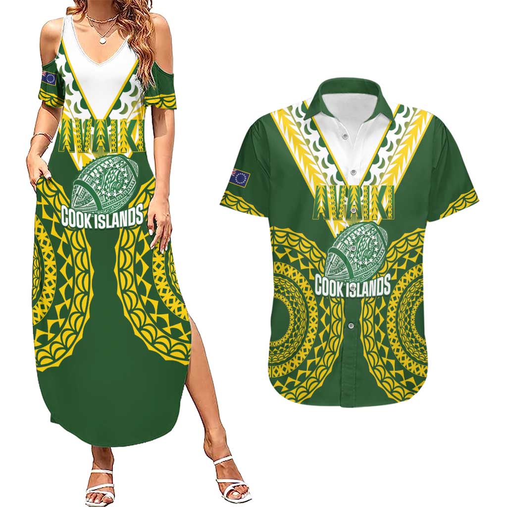 Custom Avaiki Cook Islands Rugby Couples Matching Summer Maxi Dress and Hawaiian Shirt Kuki Airani Tatau Green LT14 Green - Polynesian Pride