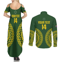 Custom Avaiki Cook Islands Rugby Couples Matching Summer Maxi Dress and Long Sleeve Button Shirt Kuki Airani Tatau Green - Polynesian Pride