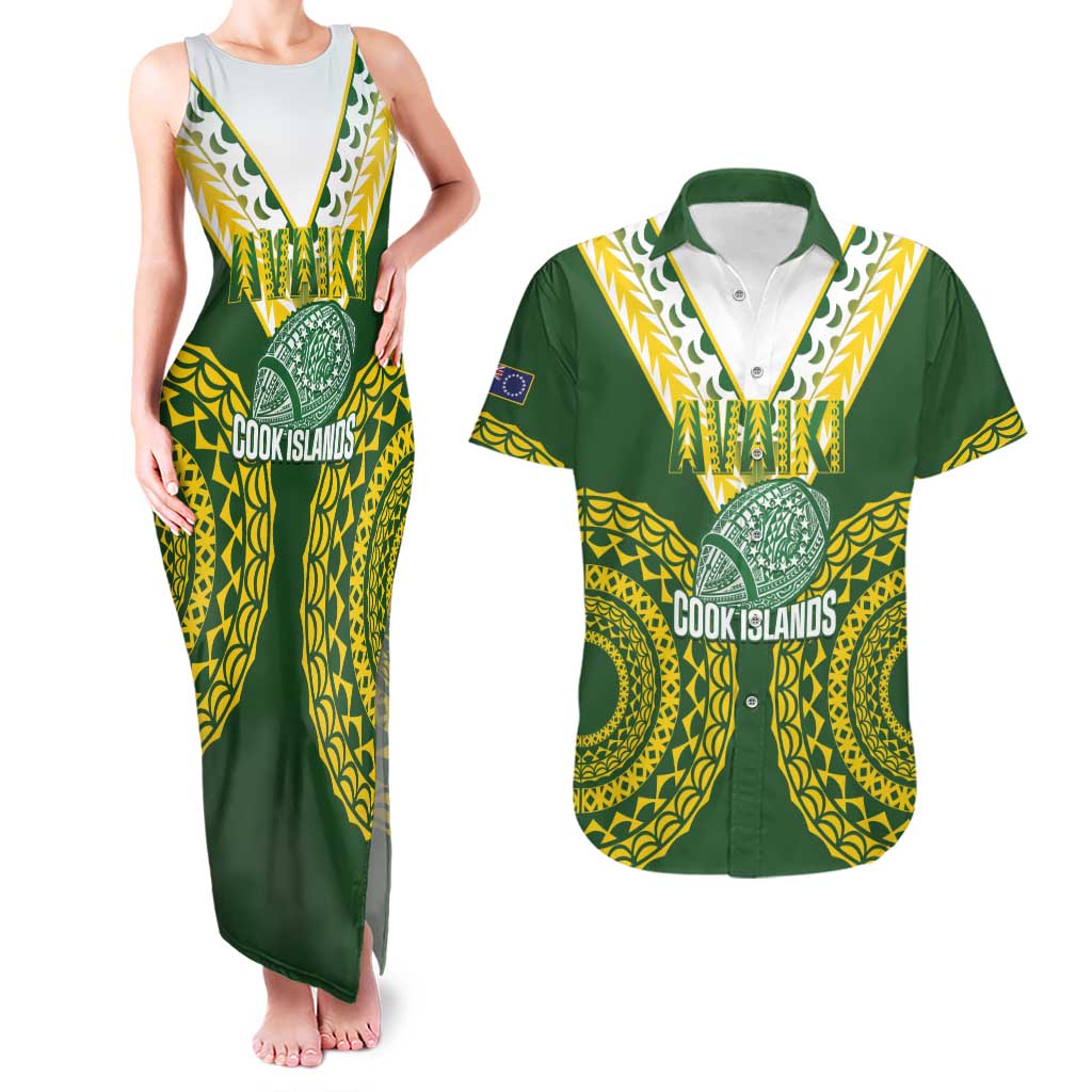 Custom Avaiki Cook Islands Rugby Couples Matching Tank Maxi Dress and Hawaiian Shirt Kuki Airani Tatau Green LT14 Green - Polynesian Pride