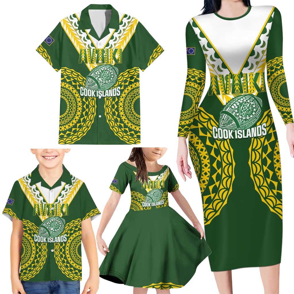 Custom Avaiki Cook Islands Rugby Family Matching Long Sleeve Bodycon Dress and Hawaiian Shirt Kuki Airani Tatau Green LT14 - Polynesian Pride