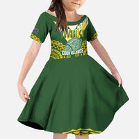 Custom Avaiki Cook Islands Rugby Family Matching Off Shoulder Maxi Dress and Hawaiian Shirt Kuki Airani Tatau Green LT14 Daughter's Dress Green - Polynesian Pride