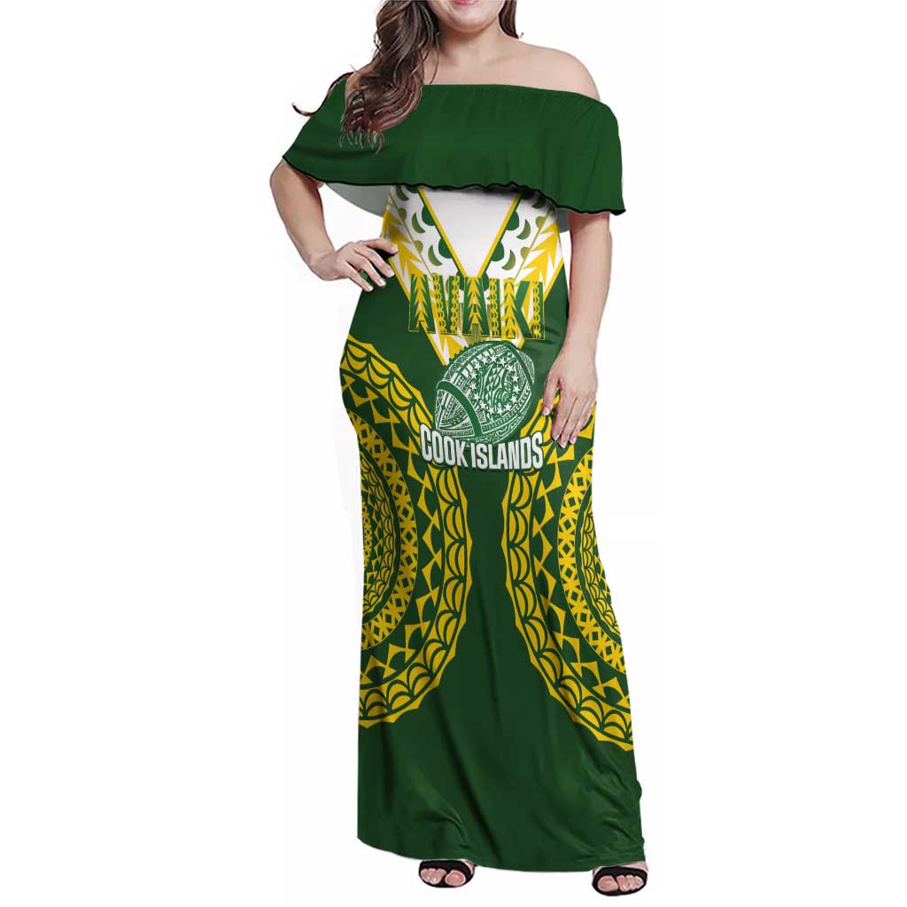 Custom Avaiki Cook Islands Rugby Family Matching Off Shoulder Maxi Dress and Hawaiian Shirt Kuki Airani Tatau Green LT14 Mom's Dress Green - Polynesian Pride