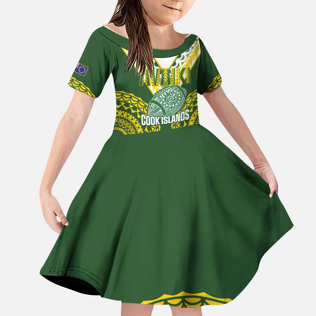 Custom Avaiki Cook Islands Rugby Family Matching Off Shoulder Short Dress and Hawaiian Shirt Kuki Airani Tatau Green LT14 Daughter's Dress Green - Polynesian Pride