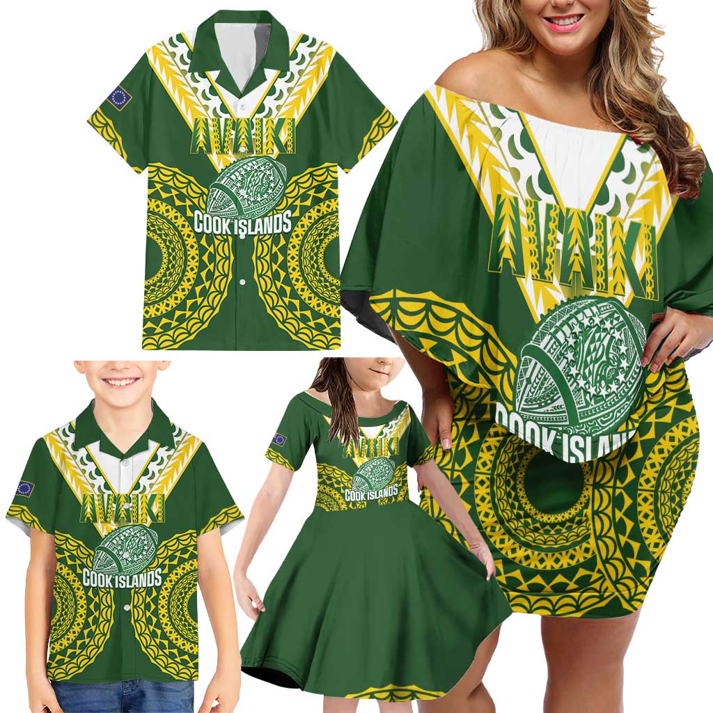 Custom Avaiki Cook Islands Rugby Family Matching Off Shoulder Short Dress and Hawaiian Shirt Kuki Airani Tatau Green - Polynesian Pride