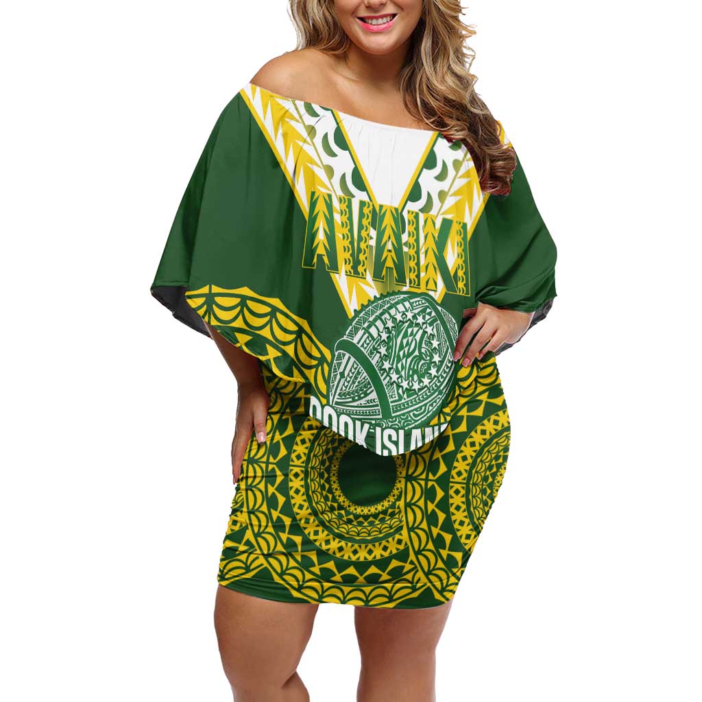 Custom Avaiki Cook Islands Rugby Family Matching Off Shoulder Short Dress and Hawaiian Shirt Kuki Airani Tatau Green LT14 Mom's Dress Green - Polynesian Pride