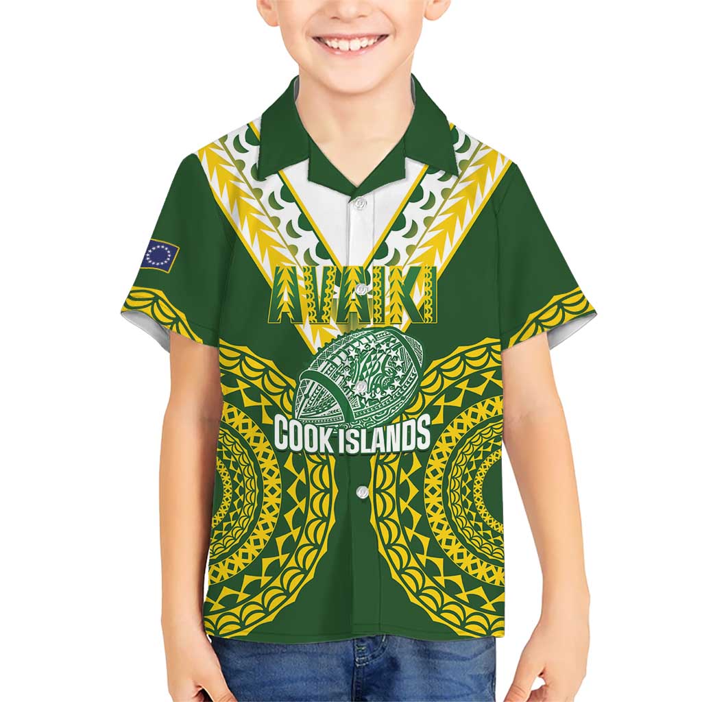 Custom Avaiki Cook Islands Rugby Family Matching Off Shoulder Short Dress and Hawaiian Shirt Kuki Airani Tatau Green LT14 Son's Shirt Green - Polynesian Pride