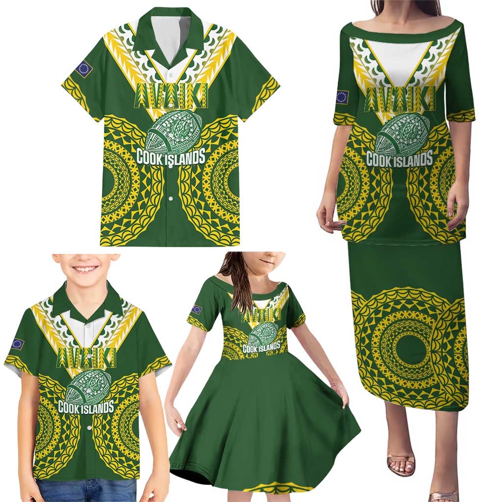 Custom Avaiki Cook Islands Rugby Family Matching Puletasi and Hawaiian Shirt Kuki Airani Tatau Green LT14 - Polynesian Pride