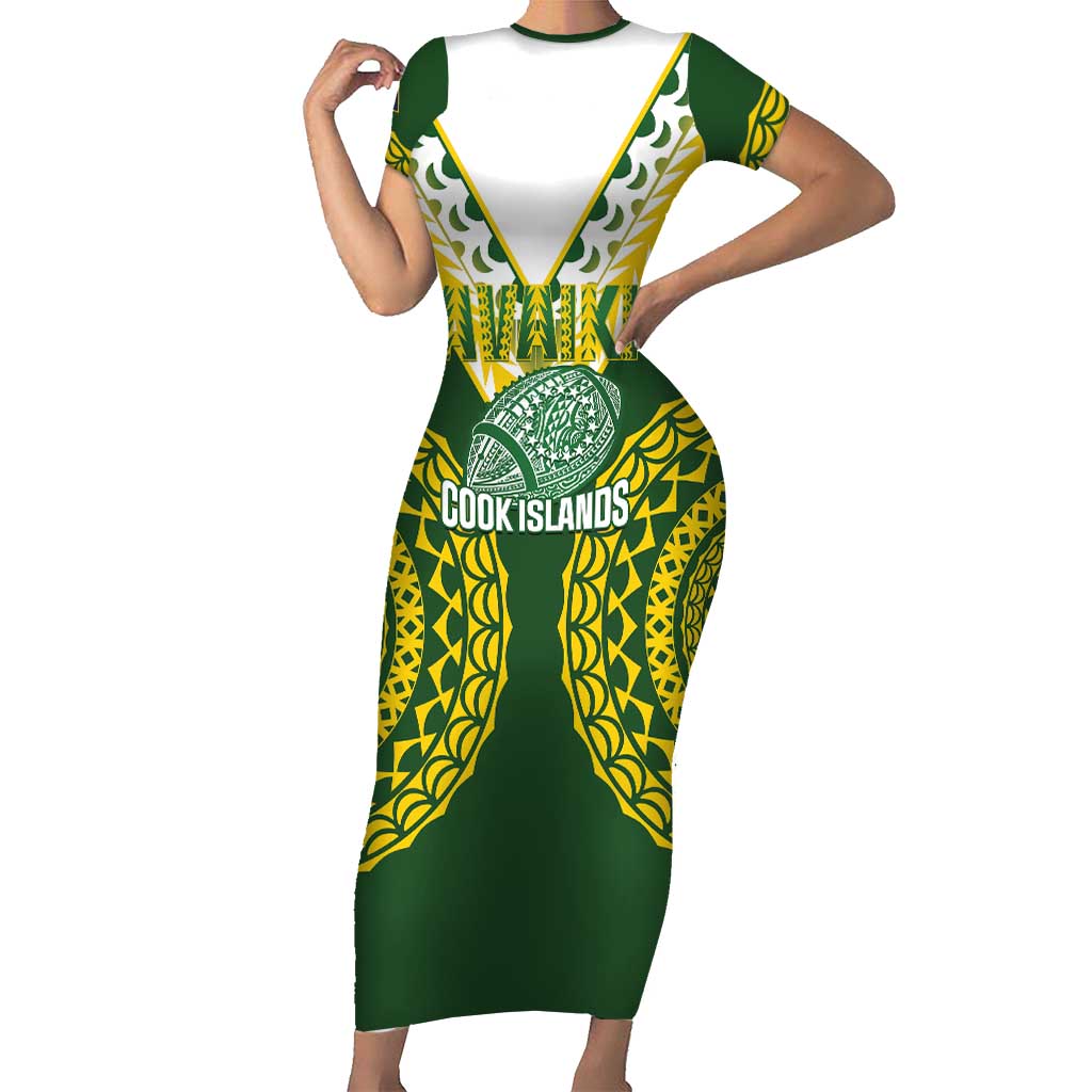 Custom Avaiki Cook Islands Rugby Family Matching Short Sleeve Bodycon Dress and Hawaiian Shirt Kuki Airani Tatau Green LT14 Mom's Dress Green - Polynesian Pride