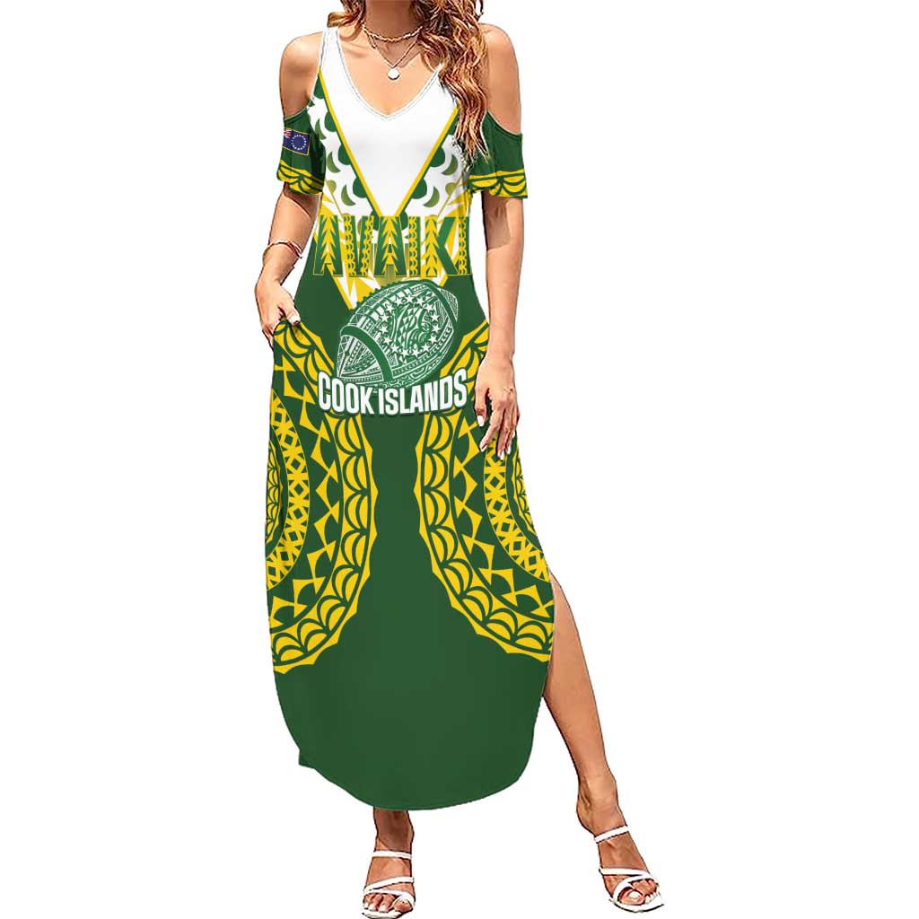 Custom Avaiki Cook Islands Rugby Family Matching Summer Maxi Dress and Hawaiian Shirt Kuki Airani Tatau Green LT14 Mom's Dress Green - Polynesian Pride